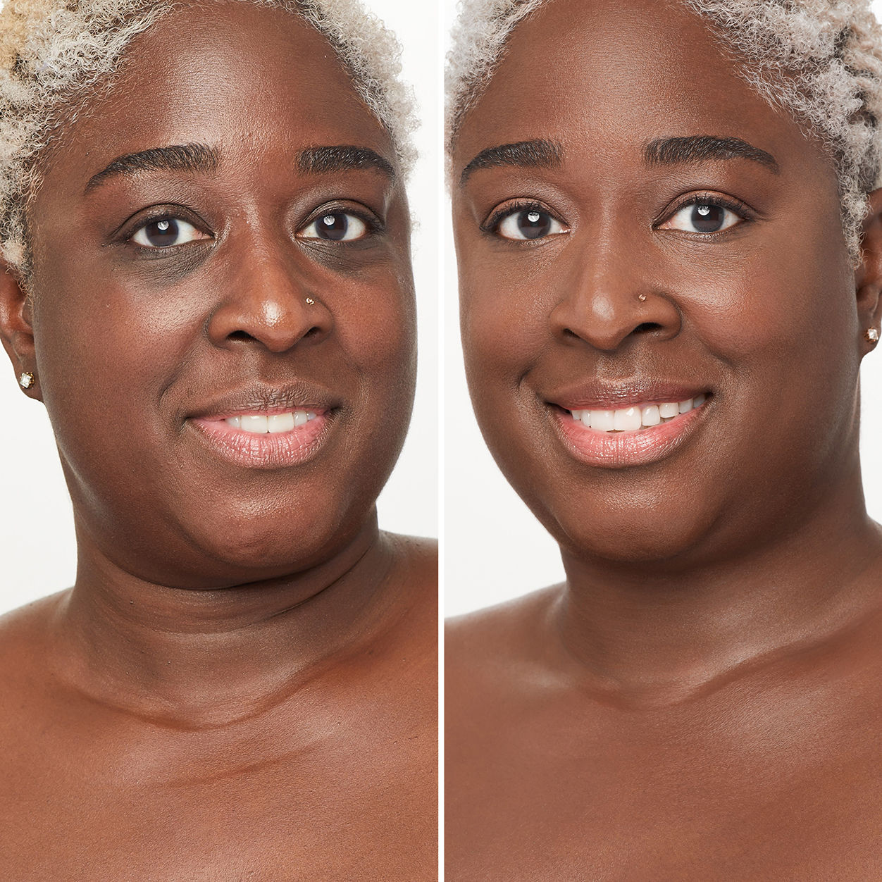 Before and after results of using Trish McEvoy Gorgeous Even Skin Foundation variant: 14DN - Deep with neutral undertones for the deepest skin