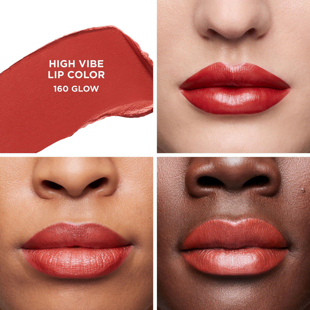 A smear of vivid Laura Mercier High Vibe Lip Color 160 Glow shown applied to the lips of three different skin tones, featuring a modern formula.