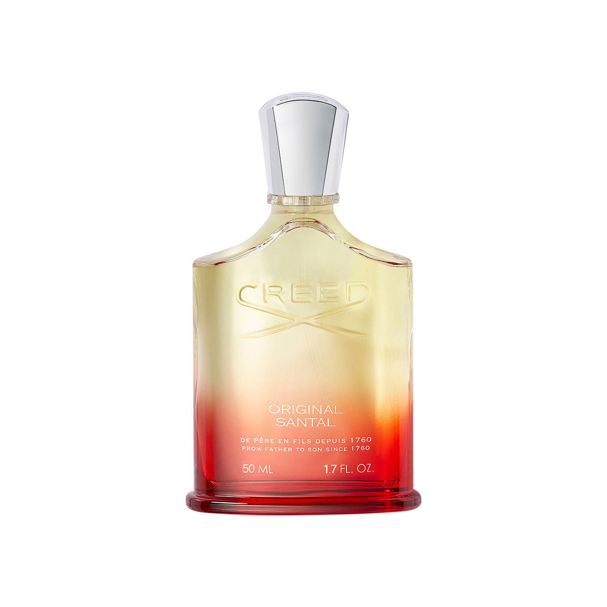 Glass Creed Original Santal Eau de Parfum bottle with a silver cap and a gradient finish transitioning from yellow at the top to red at the base.