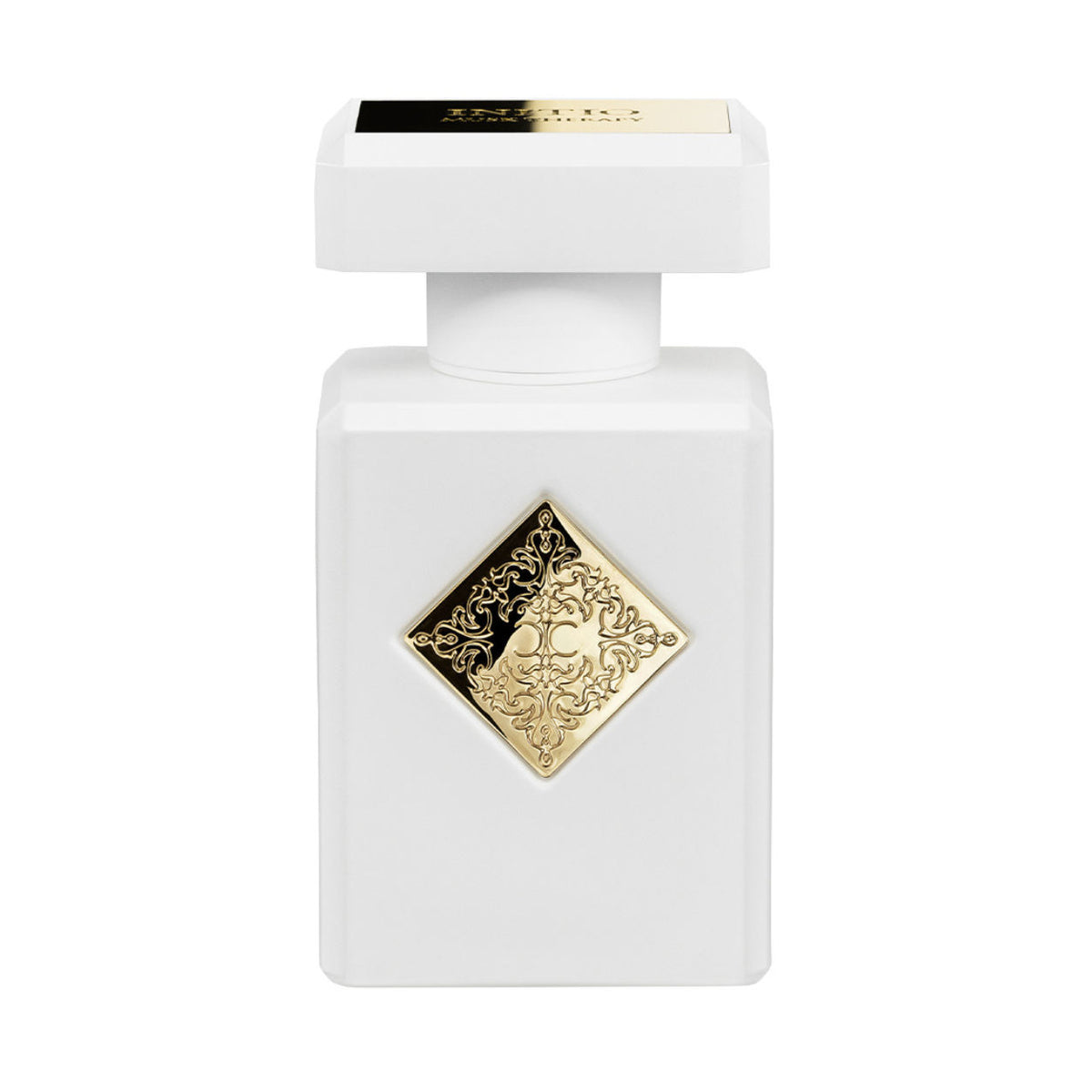 A white square Musk Therapy Extrait de Parfum bottle designed for relaxation, featuring a white stopper and a gold, diamond-shaped emblem with an ornate monogram on the front.