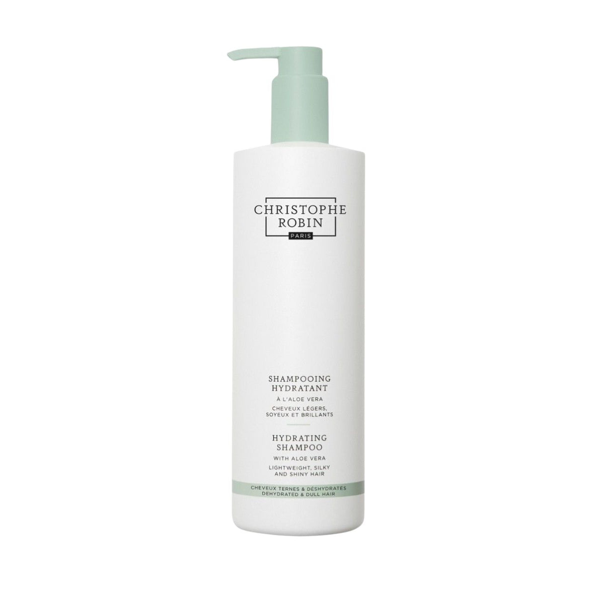 Tall white bottle of Christophe Robin Hydrating Shampoo With Aloe Vera for dry hair, featuring a light green pump dispenser.