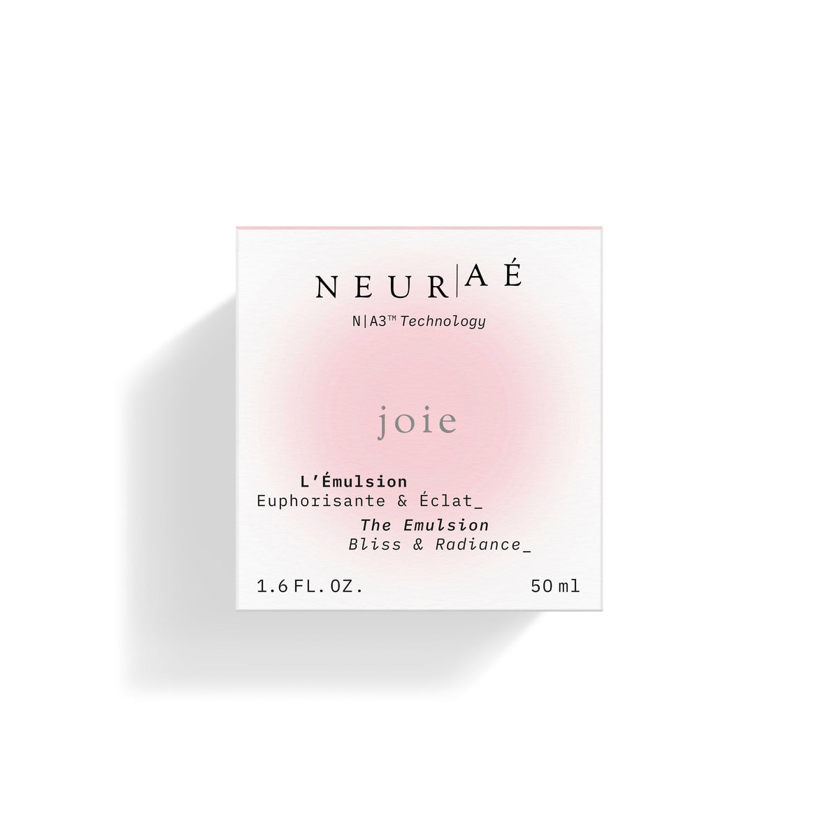 Square Neuraé Joie The Emulsion product box with a light pink gradient center, displaying the text Joie, L’Émulsion, and The Emulsion, 1.6 FL. OZ. / 50 ml radiance cream.