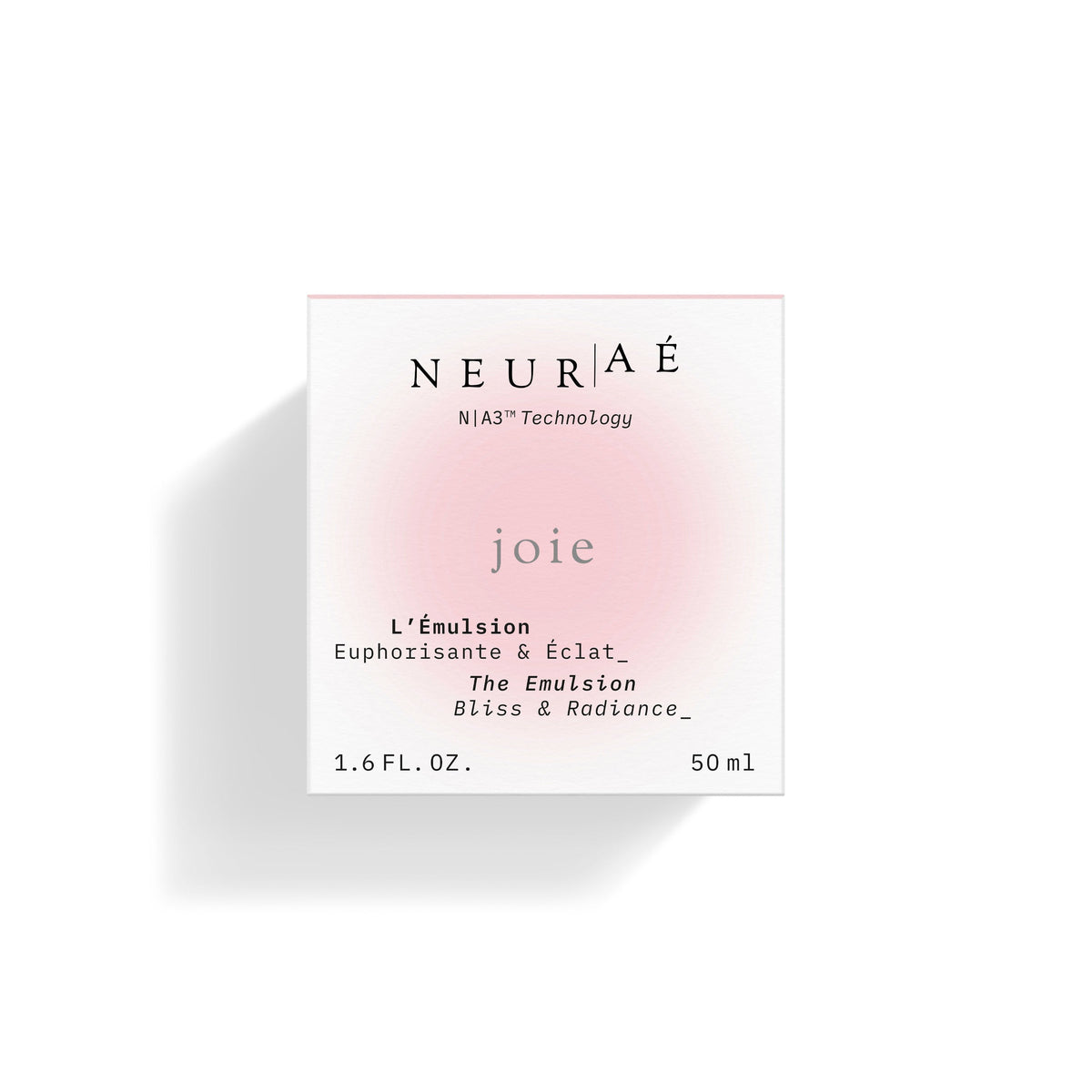 Square product box for Neuraé Joie The Emulsion, featuring a pale pink circular gradient in the center with brand text, product name, and volume.