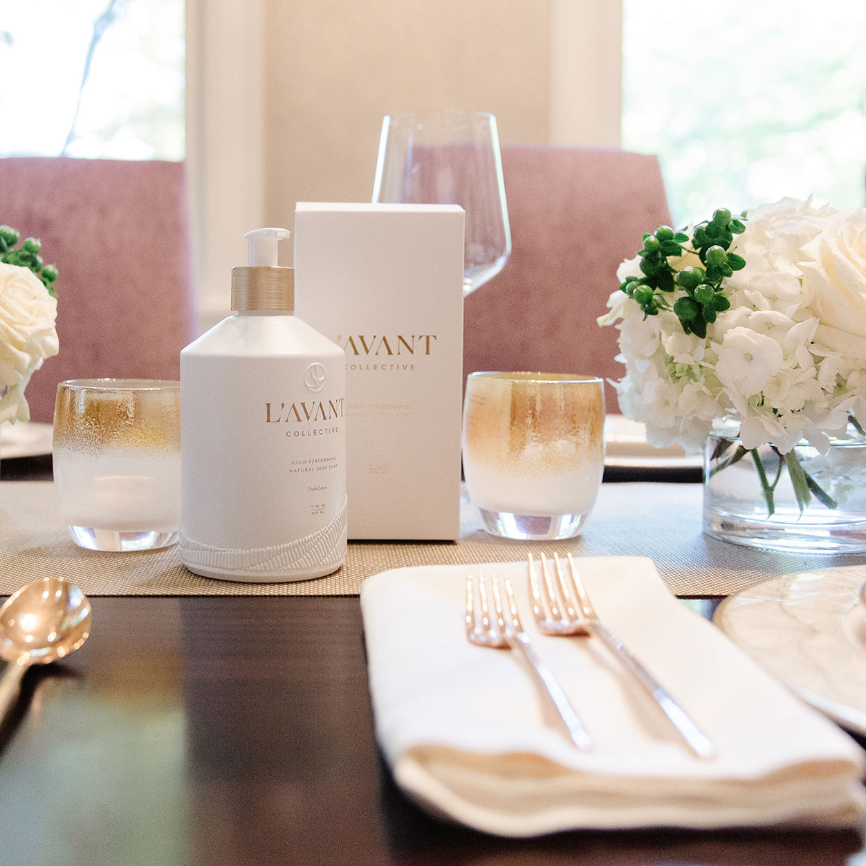 Lifestyle image of L’Avant Collective Fresh Linen High Performing Dish Soap variant: 16 oz