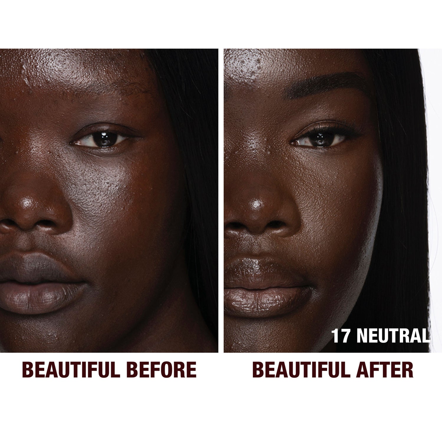 Before and after results of using Charlotte Tilbury Charlotte's Beautiful Skin Foundation variant: 17 Neutral (deepest with neutral undertones)