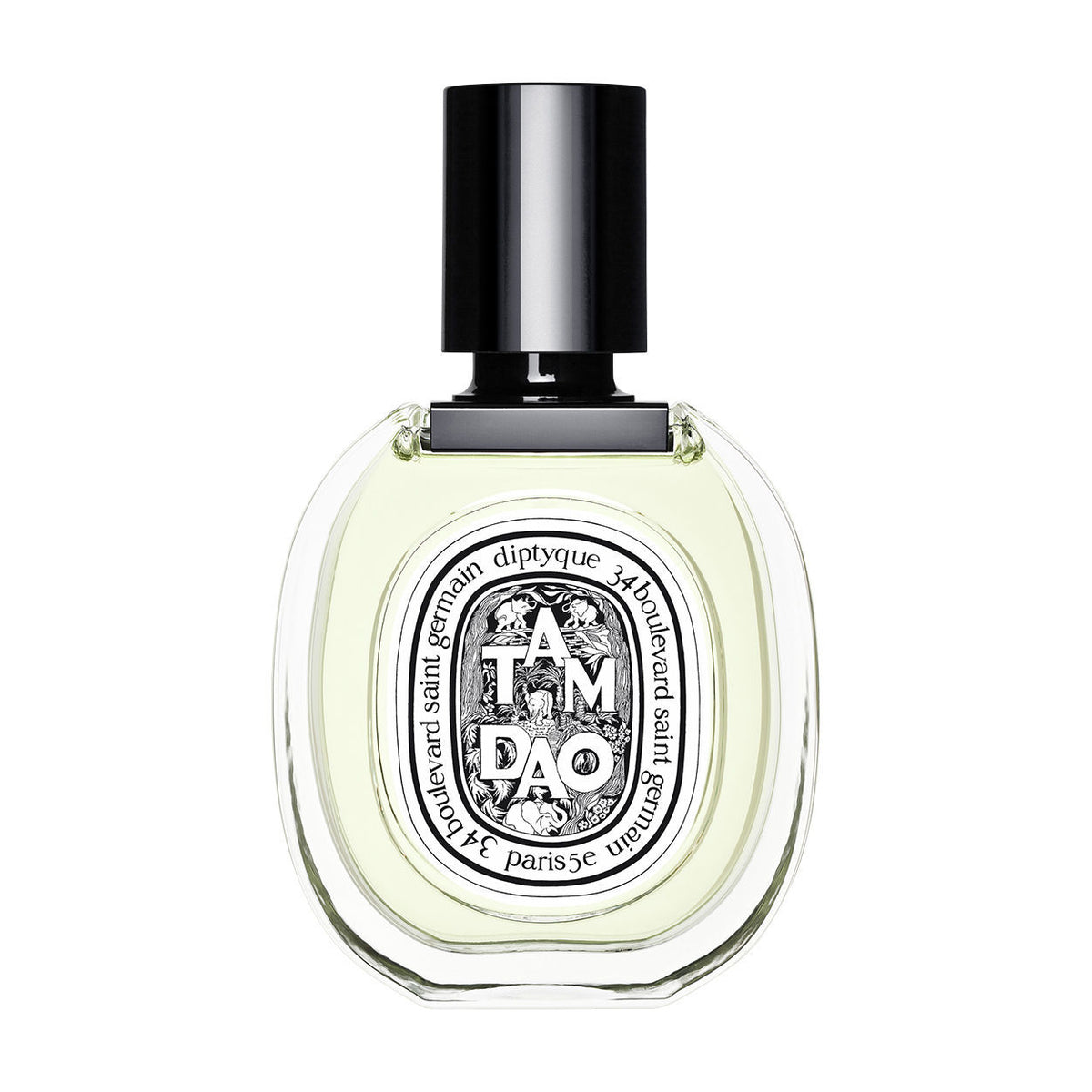 Oval glass Tam Dao Eau de Toilette bottle by Diptyque with a black cap and a white circular label featuring black text and illustrations.