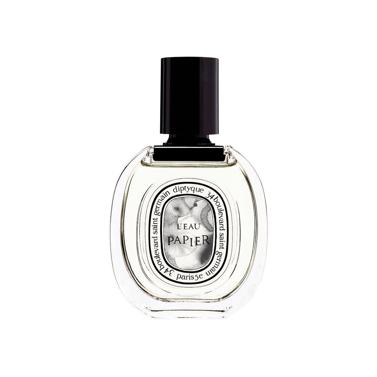 L’Eau Papier Eau de Toilette in an oval bottle with a black cap and a label featuring a paper-inspired, black-and-white ink illustration.