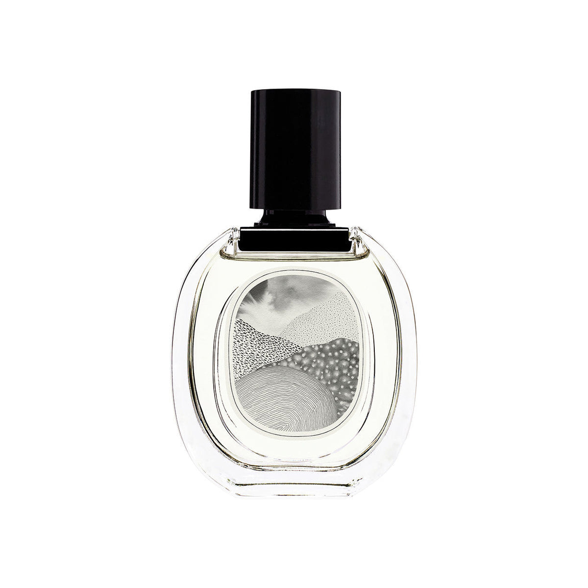 Clear glass Diptyque L’Eau Papier Eau de Toilette bottle with a black cylindrical cap and a label featuring a black-and-white abstract ink drawing for a fresh fragrance.