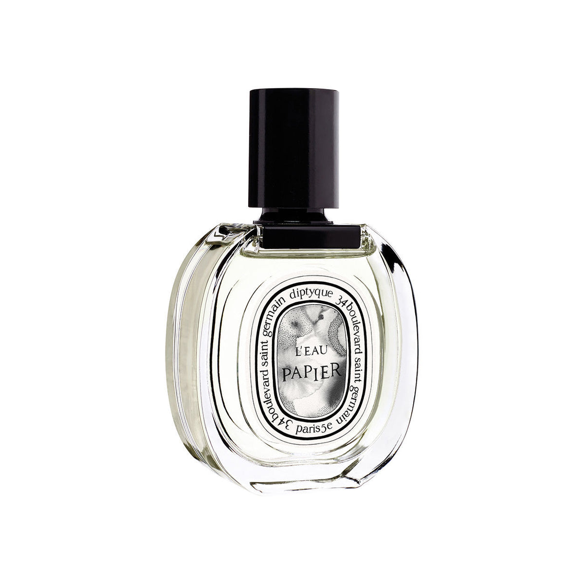 A clear glass bottle of Diptyque L’Eau Papier Eau de Toilette with a black cylindrical cap and a circular white label featuring abstract ink-wash art and text.