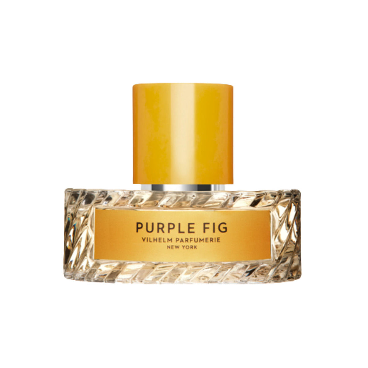 Rectangular glass Purple Fig Eau de Parfum bottle with a textured base and a cylindrical yellow cap, featuring a gold label that reads PURPLE FIG VILHELM PARFUMERIE NEW YORK, a bite of life in one last bite.