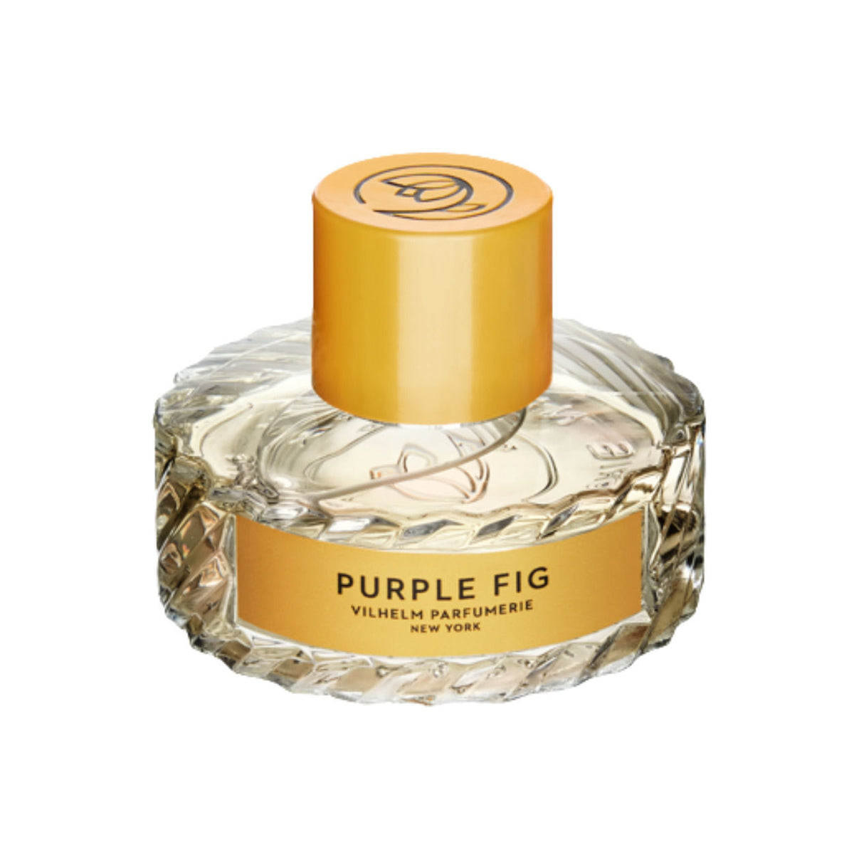 A round, clear glass bottle of Purple Fig Eau de Parfum with a textured base, yellow cap, and a label reading VILHELM PARFUMERIE NEW YORK, a bite of life in a scent.