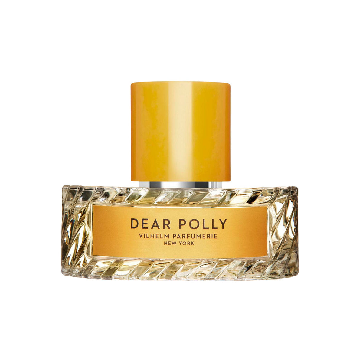 A rectangular Dear Polly Eau de Parfum bottle with a textured, faceted base and a cylindrical yellow cap, featuring a gold label that evokes the comfort of morning tea.