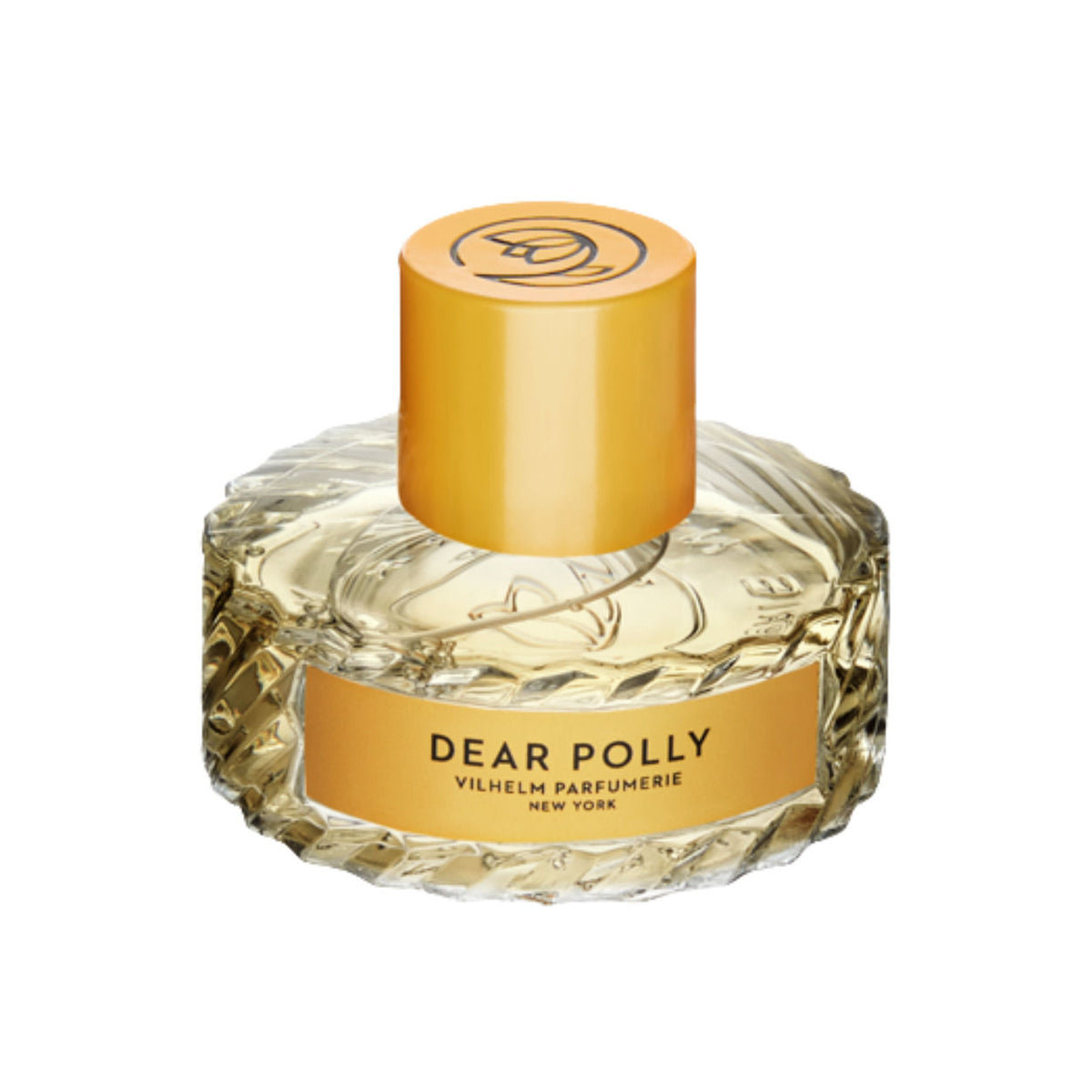 A cylindrical Dear Polly Eau de Parfum bottle with a textured base, a yellow cap, and a label reading Vilhelm Parfumerie, New York, evoking the comfort of tea for two.