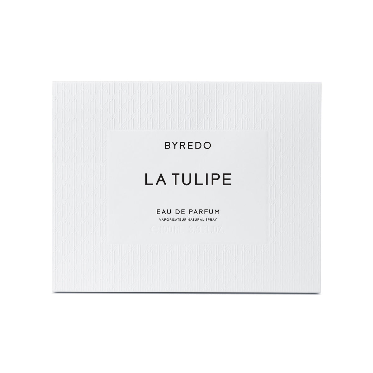 White rectangular box for Byredo La Tulipe Eau de Parfum, featuring a textured pattern and a central label.