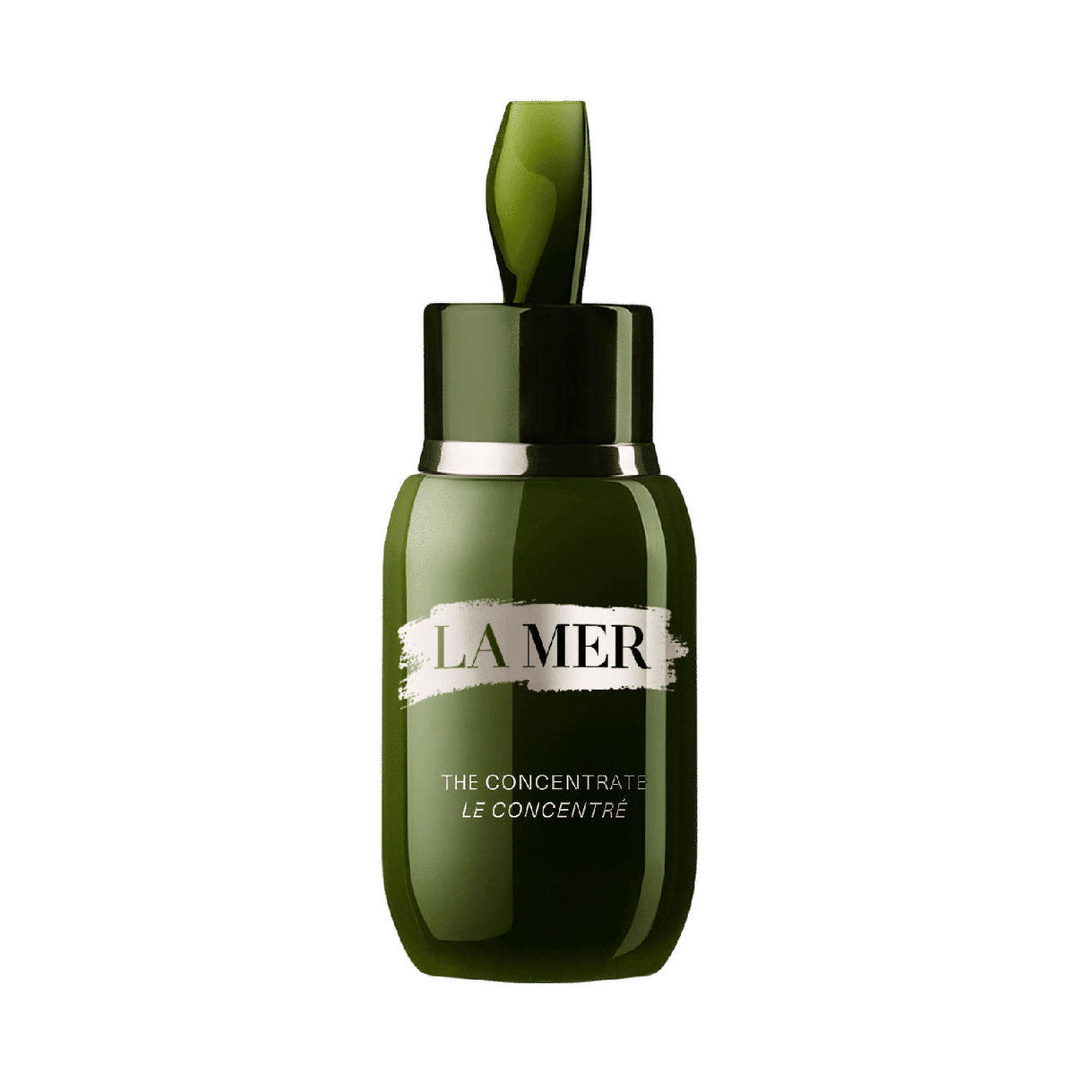 Dark green glass bottle of La Mer The Concentrate reparative barrier serum with a dropper cap.