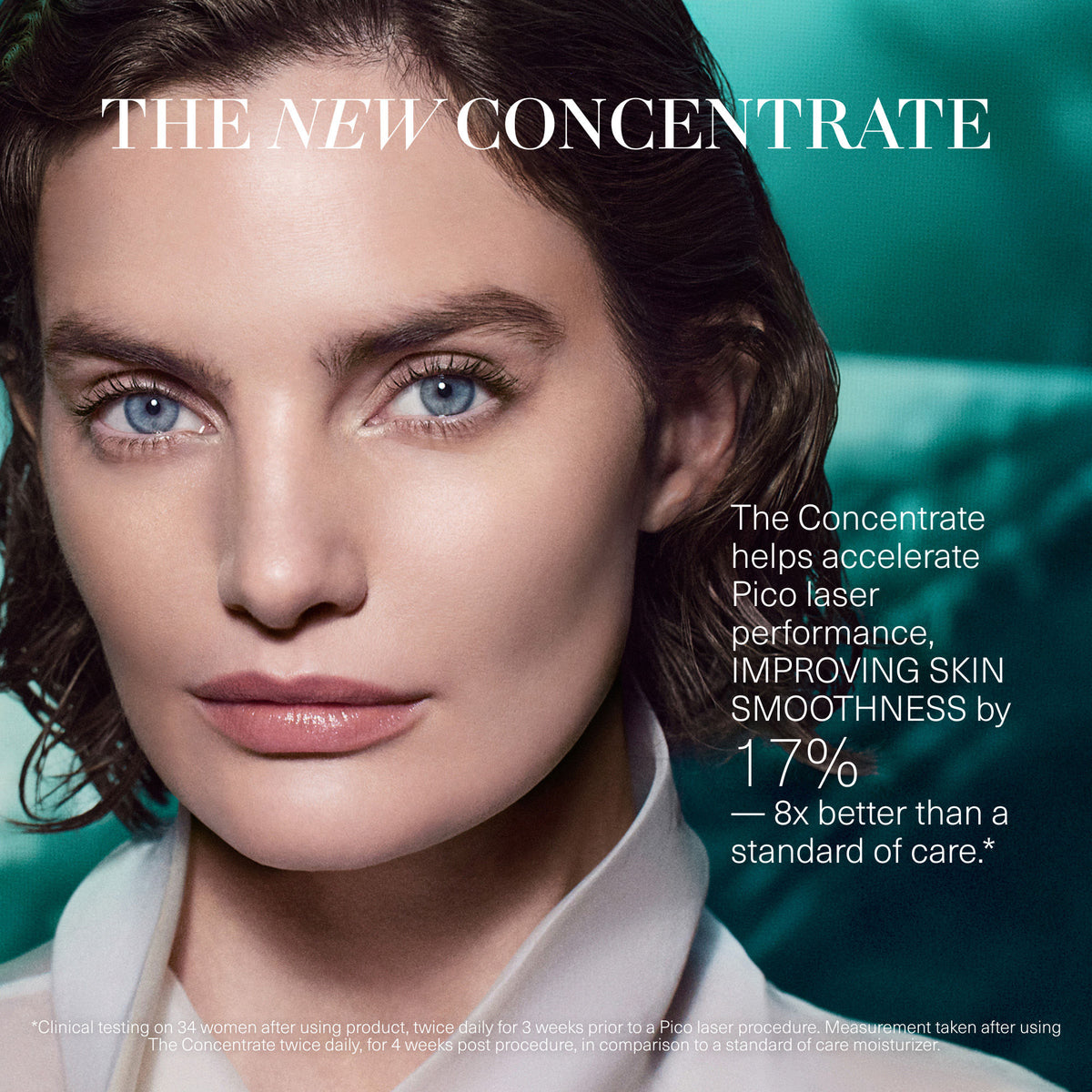 Close-up portrait of a woman with blue eyes, overlaid with text stating that The Concentrate reparative barrier serum accelerates Pico laser performance and improves skin smoothness by 17% to strengthen skin.