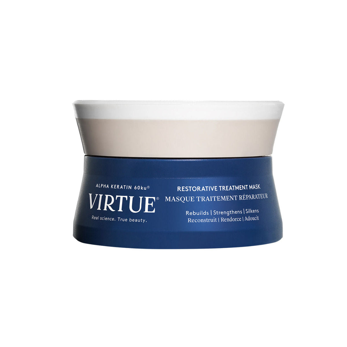 A blue Virtue Restorative Treatment Mask with a tan lid, labeled to rebuild and strengthen hair while it silkens.