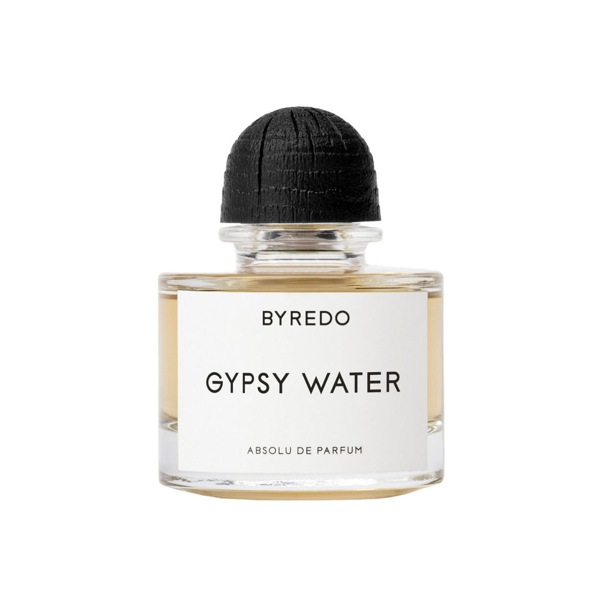 A glass bottle of Byredo Gypsy Water Absolu de Parfum, featuring a black cap and a white label.