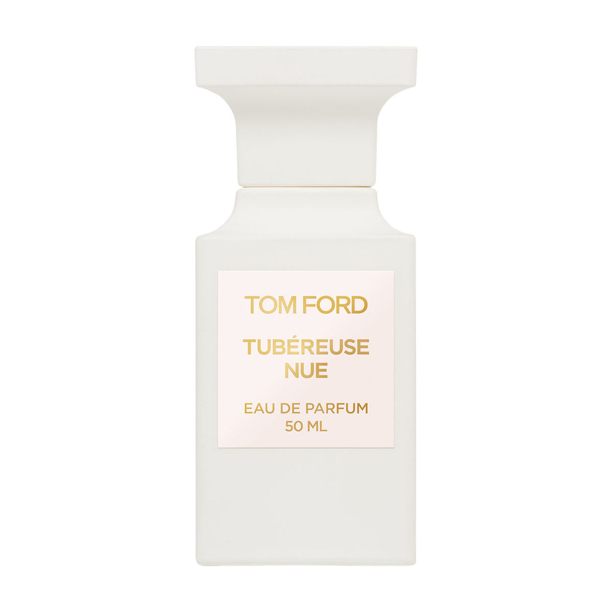 A white rectangular Tom Ford Tubéreuse Nue Eau de Parfum bottle with a matching square cap and a label that reads Tubéreuse Nue floral eau de parfum 50 ml.
