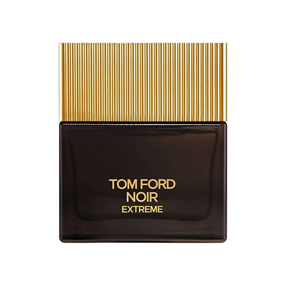 Rectangular black glass bottle of Tom Ford Noir Extreme Parfum with a vertical-ribbed gold cap and gold lettering on the front.