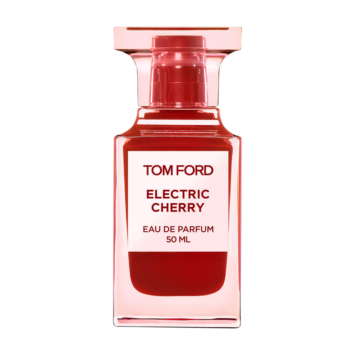 A square, light-red glass Tom Ford Electric Cherry Eau de Parfum bottle with a matching cap and a white label, capturing the essence of Morello cherry and jasmine.