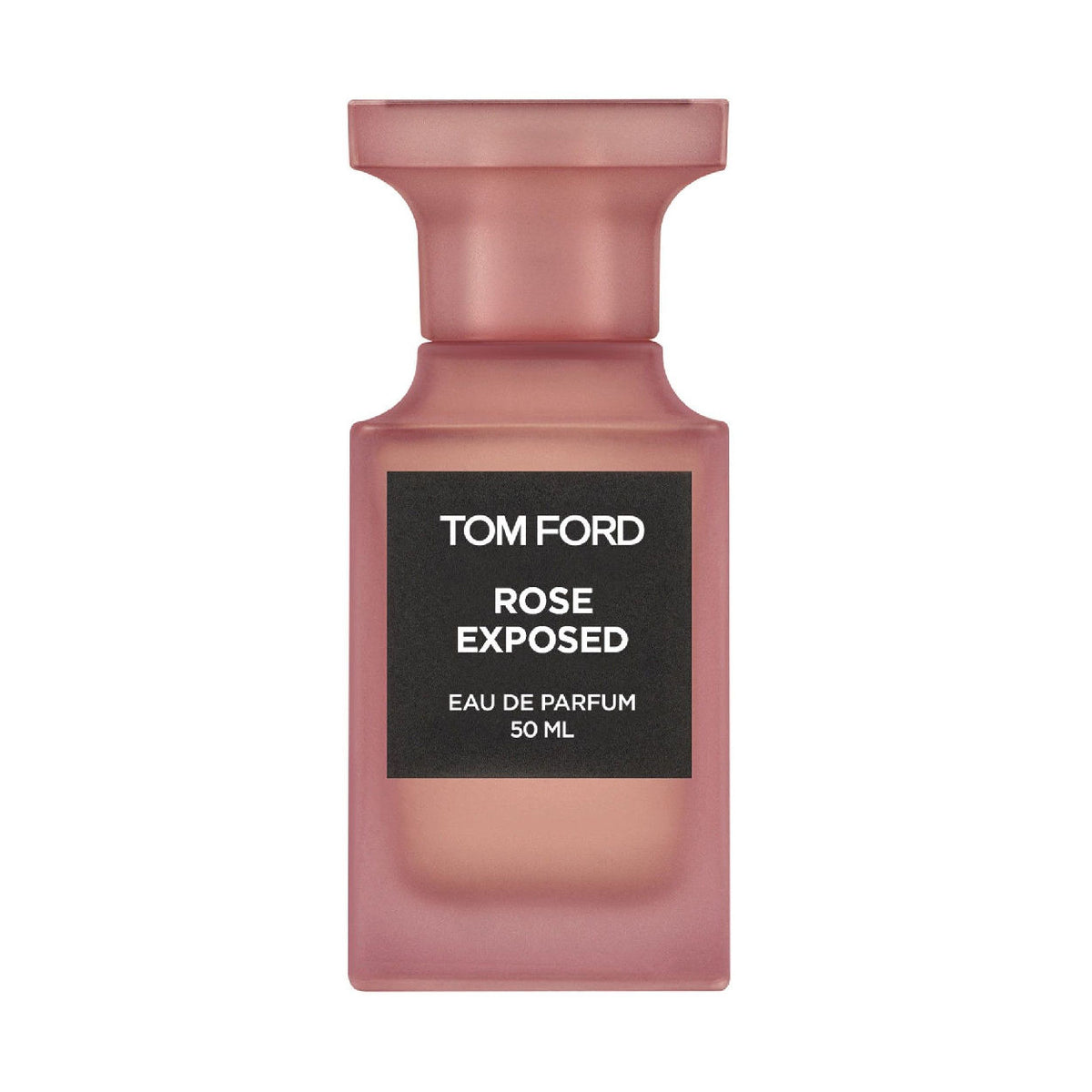 Pink Tom Ford Rose Exposed Eau De Parfum fragrance bottle with a square base and a black label, capturing an air of pristine beauty.