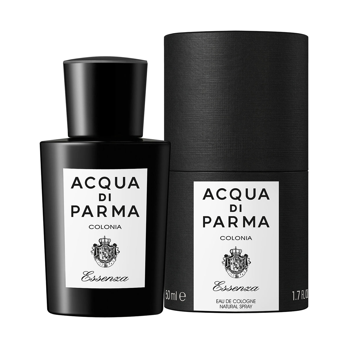 Black Colonia Essenza Eau de Cologne bottle and its cylindrical case, both featuring white labels with black text and a modern classic fragrance crest.