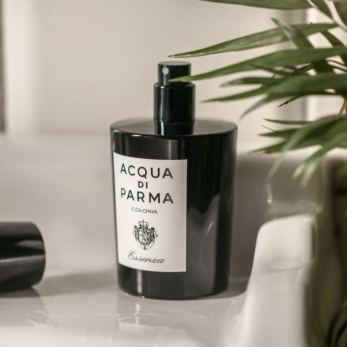 Black glass cylindrical Colonia Essenza Eau de Cologne bottle with a white label featuring a crest and text, sitting on a bathroom sink.
