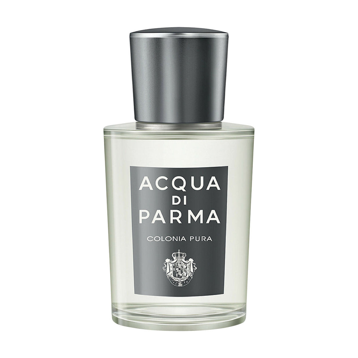 Acqua di Parma Colonia Pura Eau de Cologne glass perfume bottle with a grey cap and a rectangular label featuring a fresh citrus woody scent, text, and a crest.