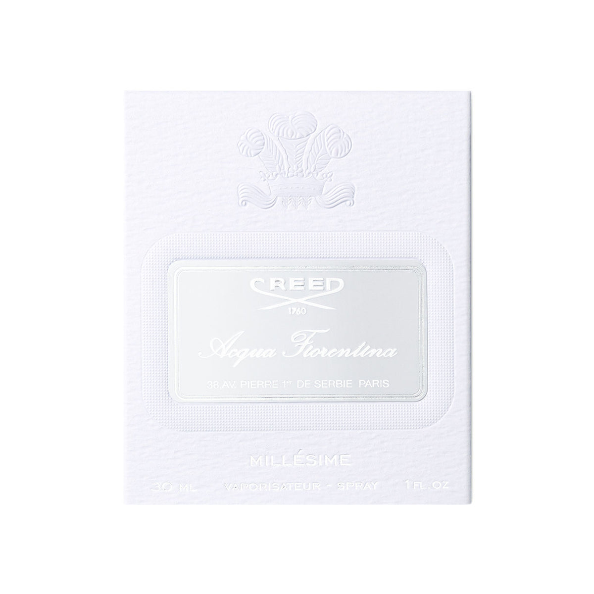White square Creed Acqua Fiorentina Eau de Parfum box with an embossed crest at the top and a silver label in the center featuring the scent name and brand.