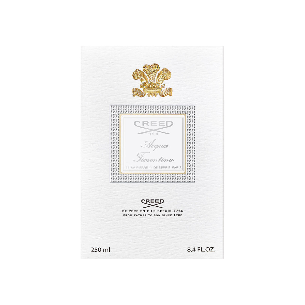 Rectangular white perfume box for Acqua Fiorentina Eau de Parfum, featuring a gold crest at the top, a square label with silver detailing, and printed text including the product name, volume, and company heritage.
