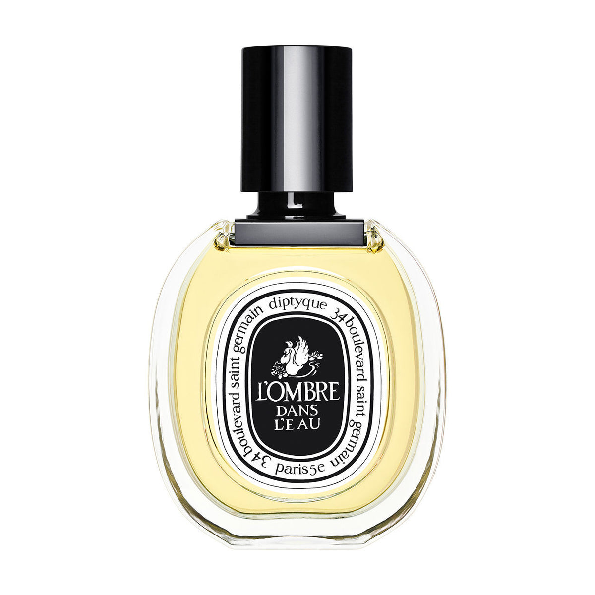 Oval glass bottle of Diptyque L’Ombre dans L’Eau Eau de Toilette, a light yellow perfume with a black cap and a white label featuring a swan illustration, evoking the fresh fragrance of Bulgarian rose petals.