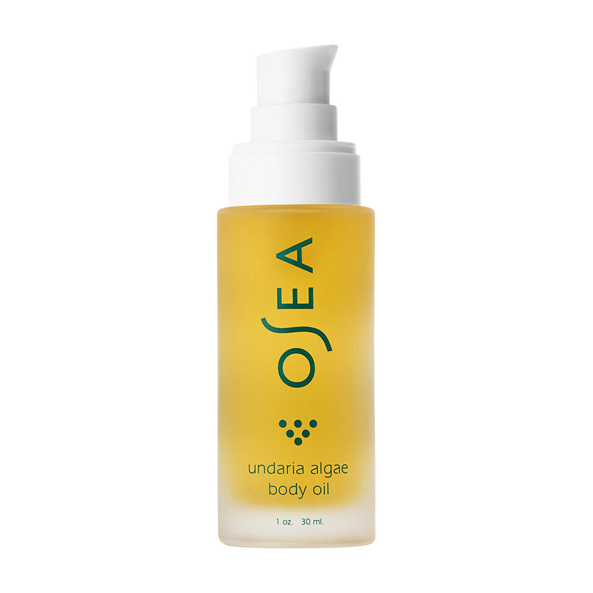 A pump bottle of OSEA Undaria Algae Body Oil filled with yellow seaweed-infused oil for deep moisturization.