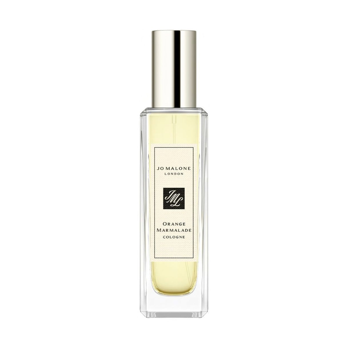 A rectangular glass bottle of Jo Malone London Orange Marmalade Cologne featuring a pale yellow tint, a silver cap, and a cream-colored label.