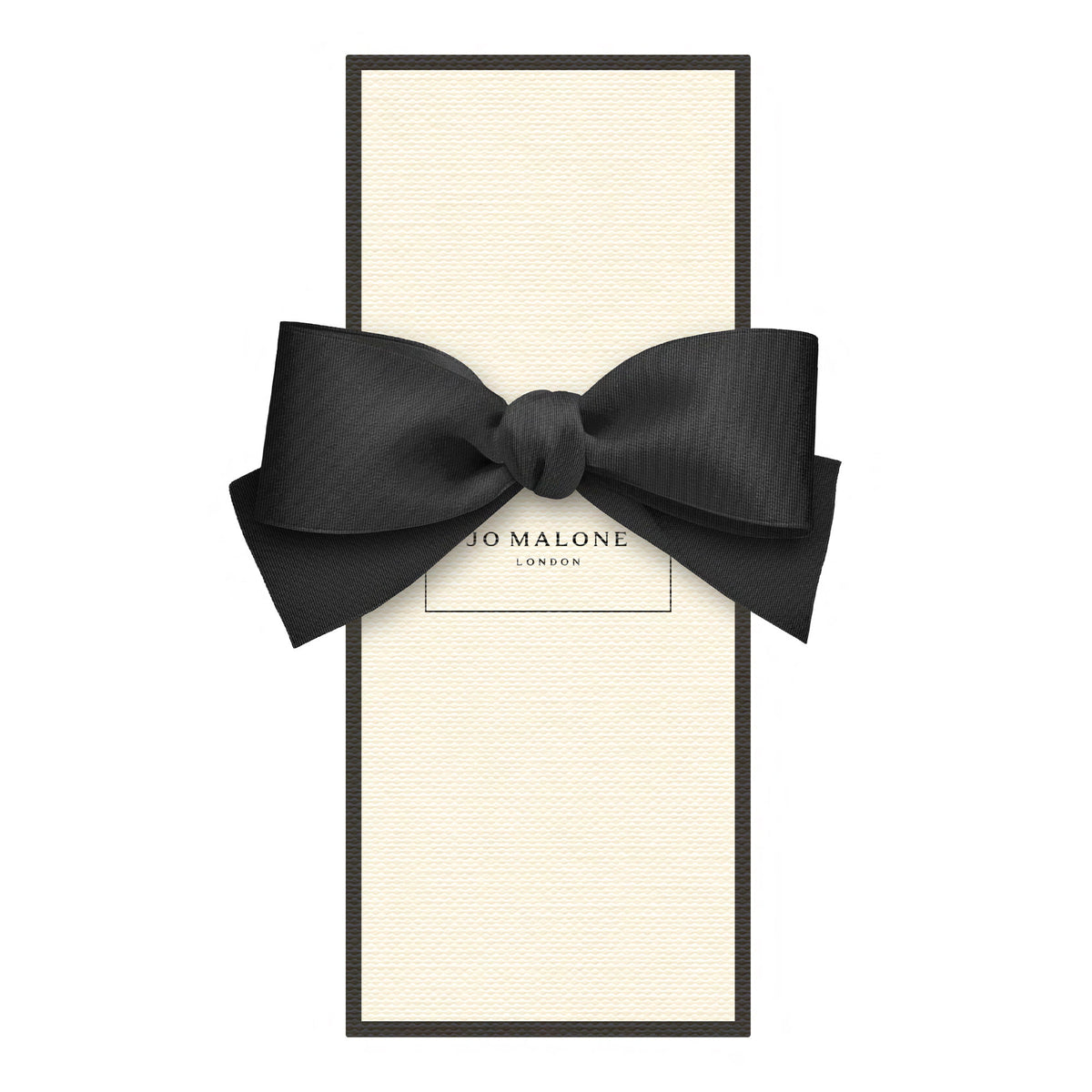 A rectangular cream-colored Jo Malone London Orange Marmalade Cologne gift box with a black border, tied with a large black ribbon bow, embodying British tradition.