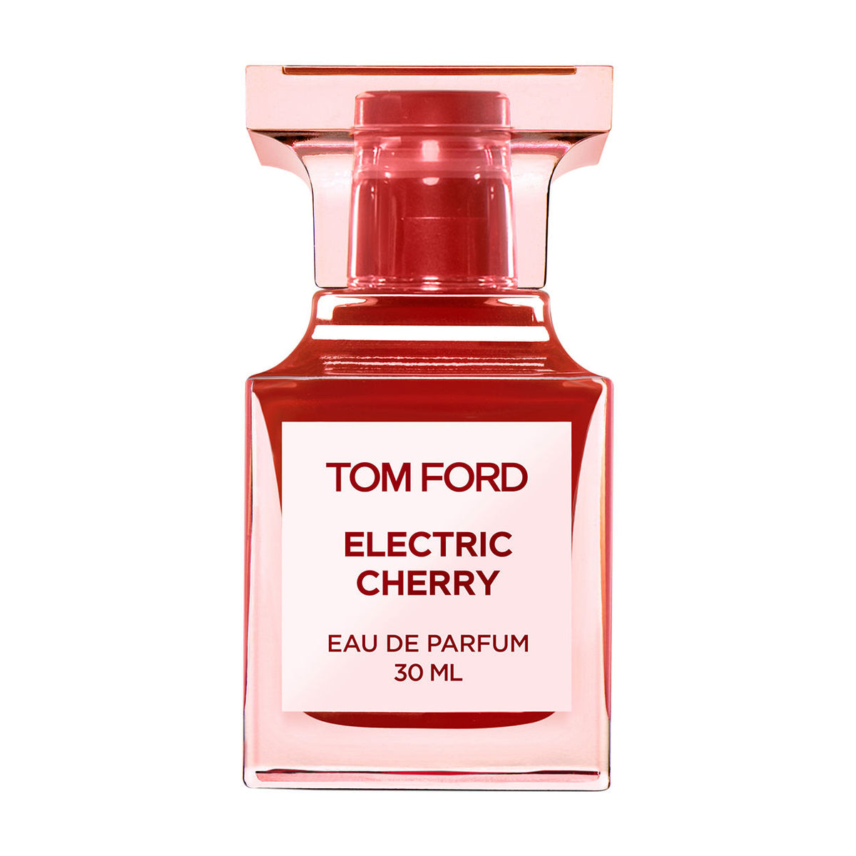 Square glass perfume bottle in a translucent red tint with a label reading Tom Ford Electric Cherry Eau de Parfum 30 ml.