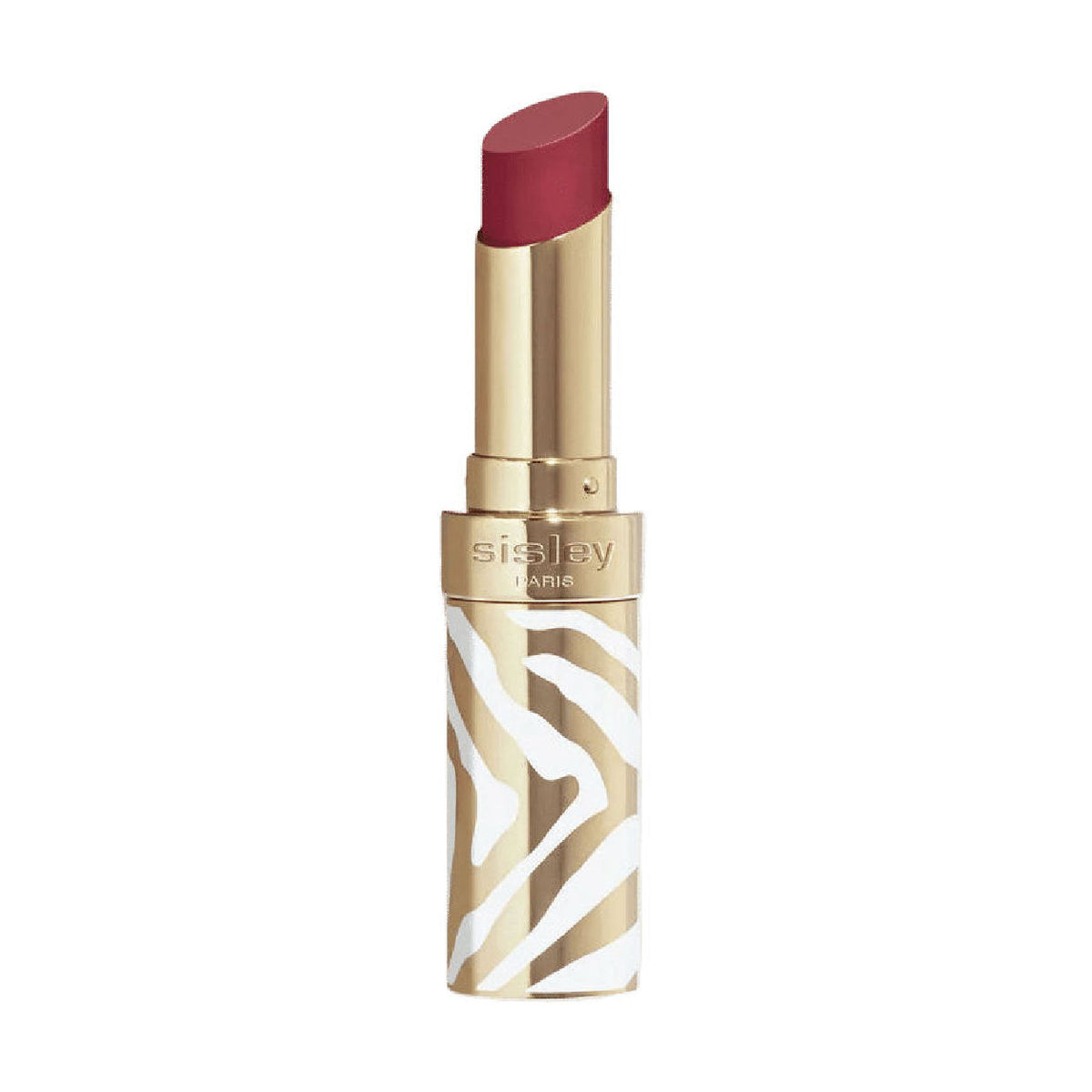 A tube of Sisley Paris Phyto-Rouge Shine, an intense berry-colored lipstick in a gold and white zebra-striped case with a balm-like sensation.