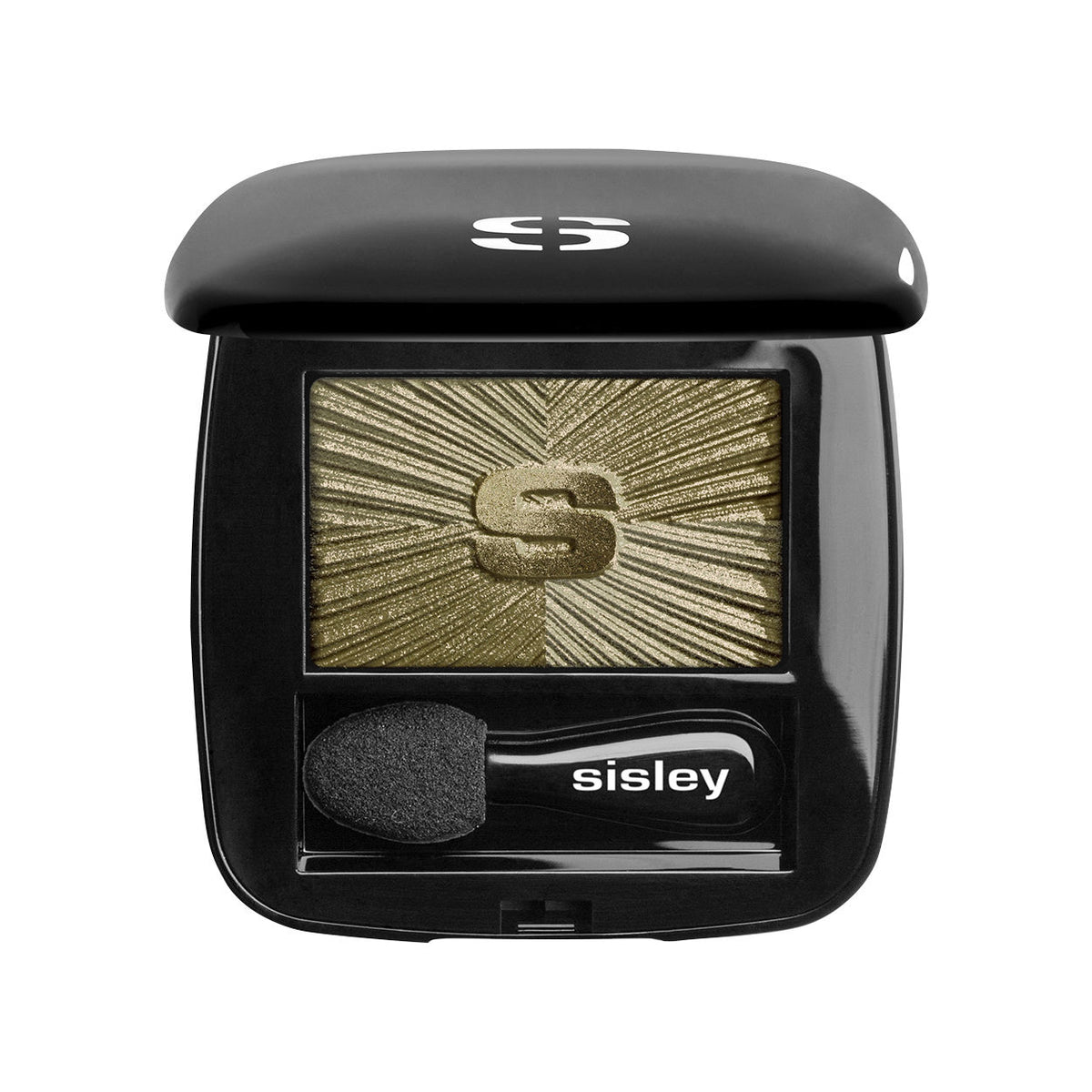 Open black compact of Les Phyto-Ombres Eyeshadow in a shimmery olive-green shade with a radiant sunburst pattern and a small applicator sponge.