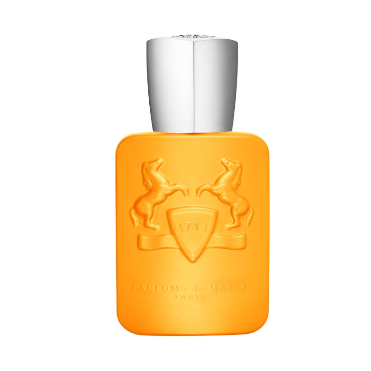 Bright orange rectangular bottle of Perseus Eau de Parfum with a silver cap and an embossed shield emblem of two horses.