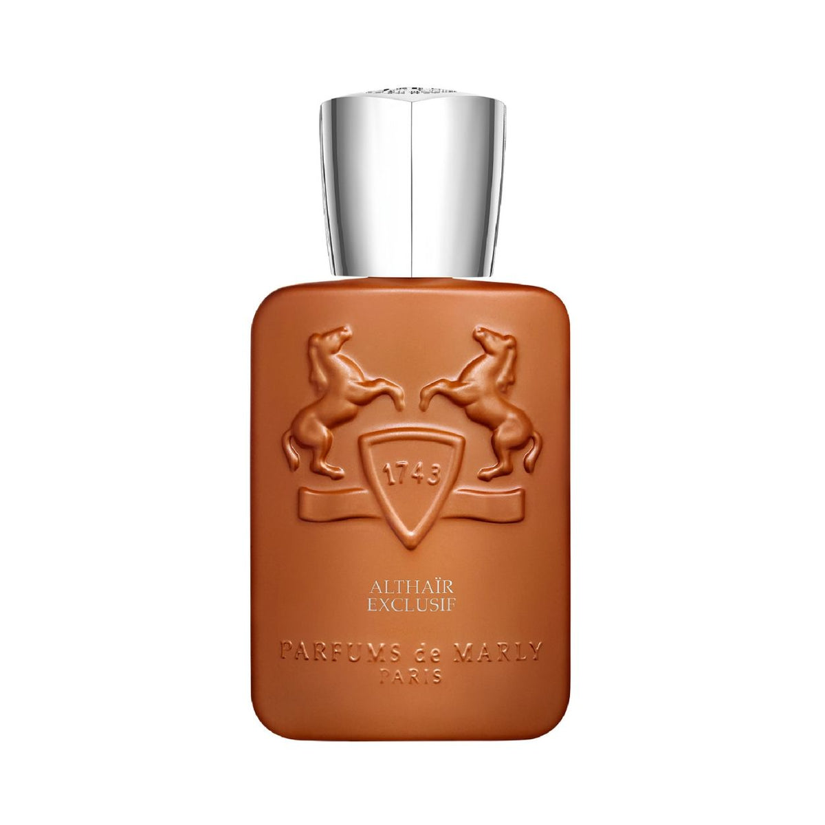 A rectangular amber Althaïr Exclusif Parfum bottle with a silver cap, featuring an embossed shield emblem, the text 1743, and the Parfums de Marly Paris branding.