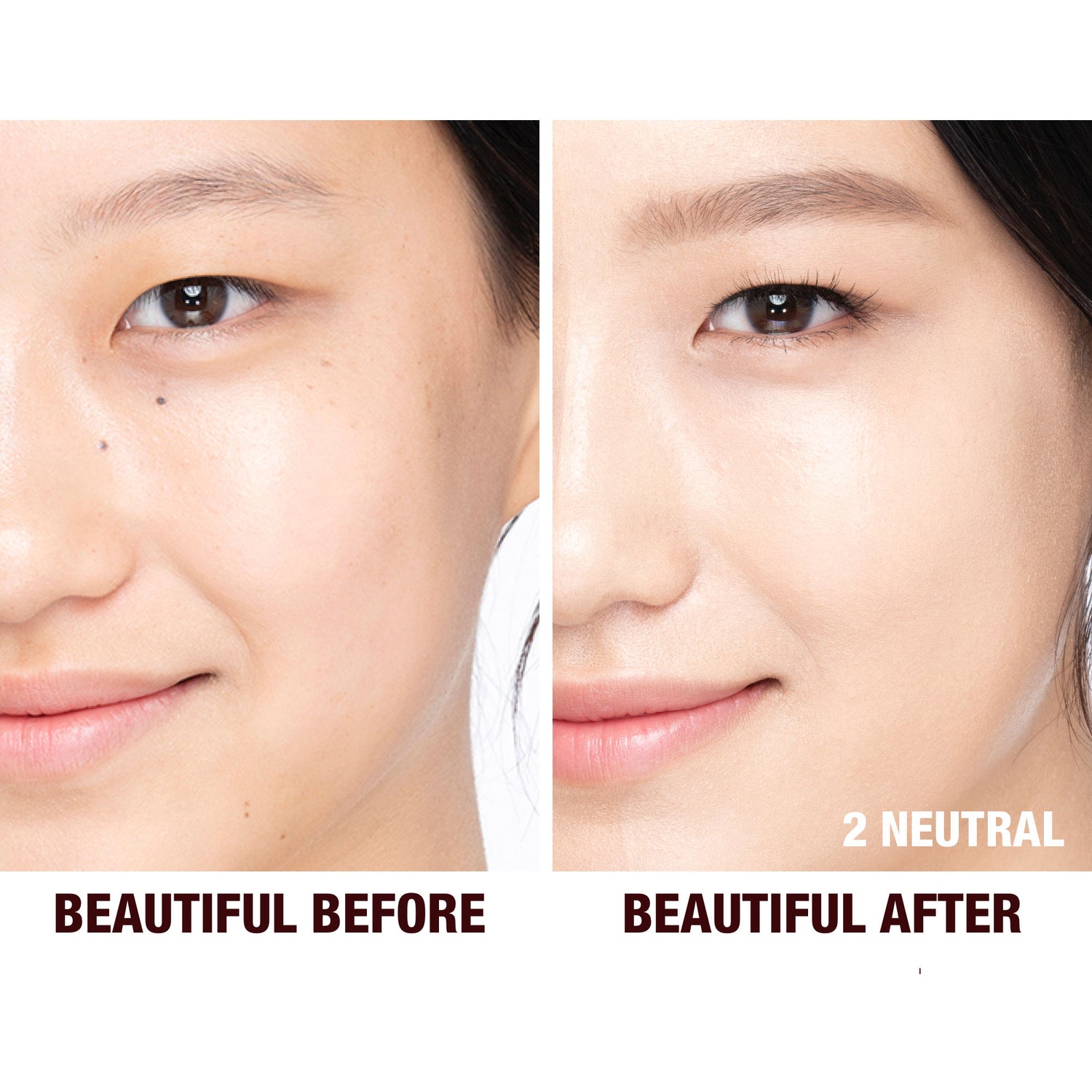 Before and after results of using Charlotte Tilbury Charlotte's Beautiful Skin Foundation variant: 2 Neutral (medium with neutral undertones)