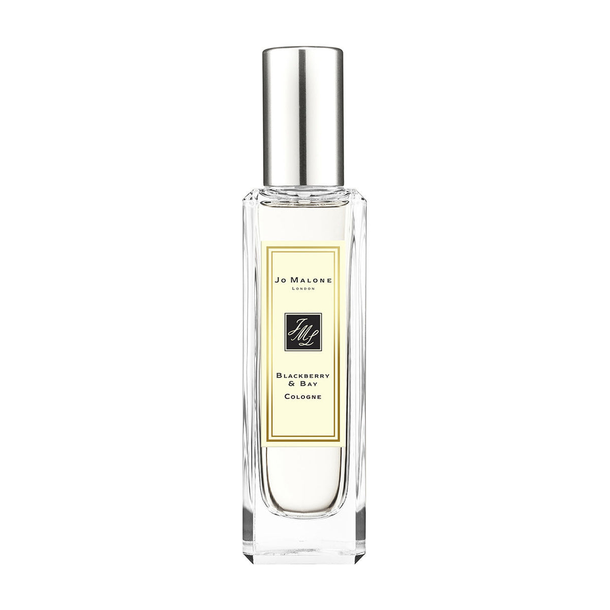 Tall, rectangular glass bottle of Jo Malone London Blackberry and Bay Cologne with a silver cap and a cream-colored label.