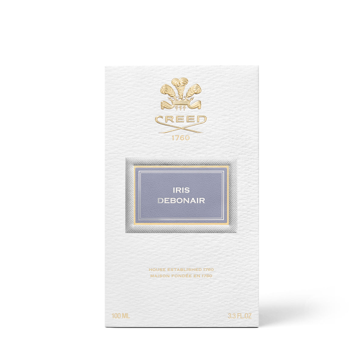 Creed Iris Debonair Eau de Parfum box featuring a gold crest and the text Iris Debonair on a light purple label.