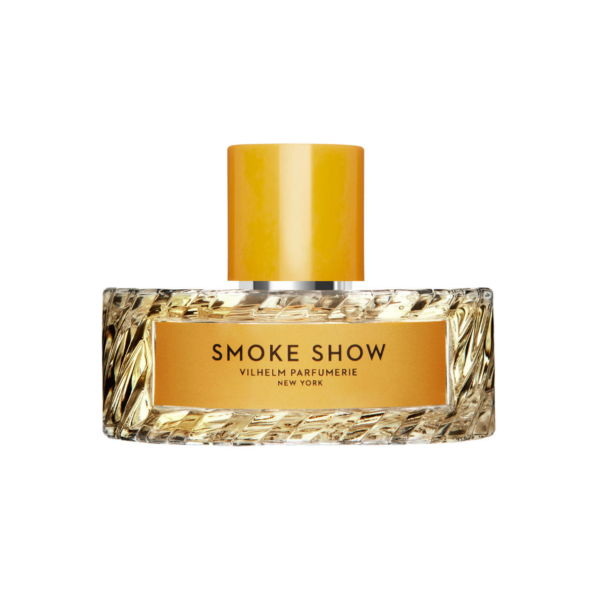 A short, wide Smoke Show Eau de Parfum bottle with a textured glass base and a cylindrical orange cap, featuring a label that reads Vilhelm Parfumerie, New York, evoking the soul of jazz.