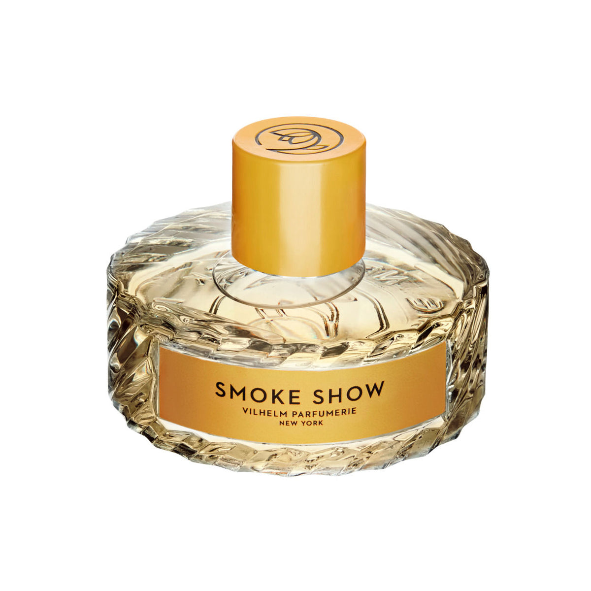 A round, jazz-inspired Smoke Show Eau de Parfum bottle with a textured base and a yellow cap, bearing a label that reads Smoke Show, Vilhelm Parfumerie, New York.