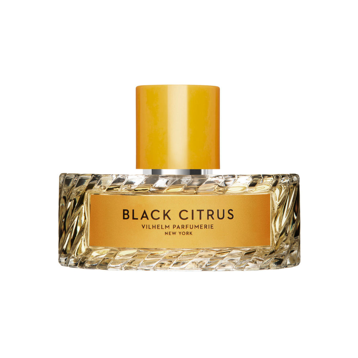Vilhelm Parfumerie Black Citrus Eau de Parfum in a rectangular glass bottle with a textured, twisted London rain pattern, a cylindrical yellow cap, and a gold triumph label with black text.