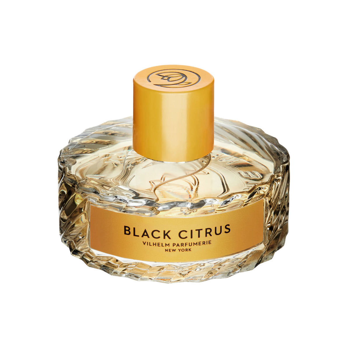 Round Black Citrus Eau de Parfum bottle with a textured glass base, a gold cap, and a gold label reading Vilhelm Parfumerie, New York, evoking a triumph of scent.