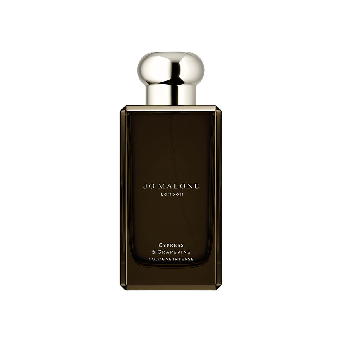 Rectangular dark brown Jo Malone London Cypress & Grapevine Cologne Intense perfume bottle with a silver cap.