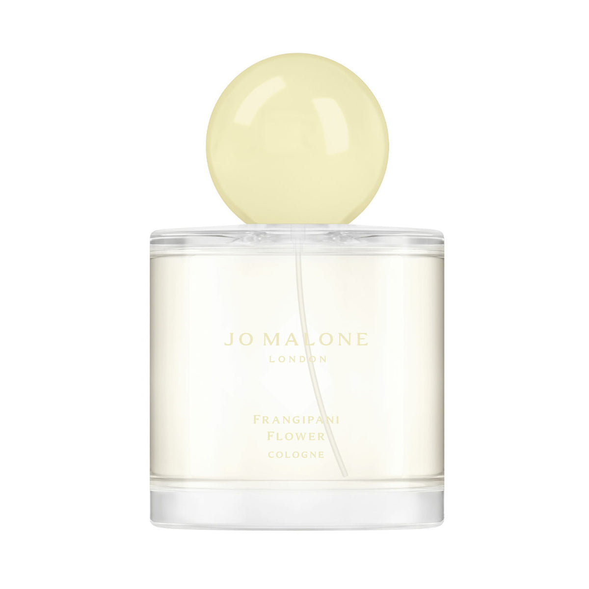 A clear glass bottle of Jo Malone London Frangipani Flower Cologne featuring a round, pale yellow cap and text printed on the front.