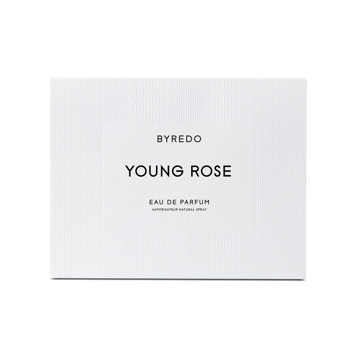 Rectangular white Young Rose Eau de Parfum box featuring embossed texture and text, evocative of Damascus rose.